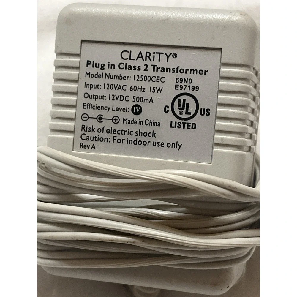 Clarity 12500CEC AC Adapter 12V 500mA Power Supply Class 2 Transformer